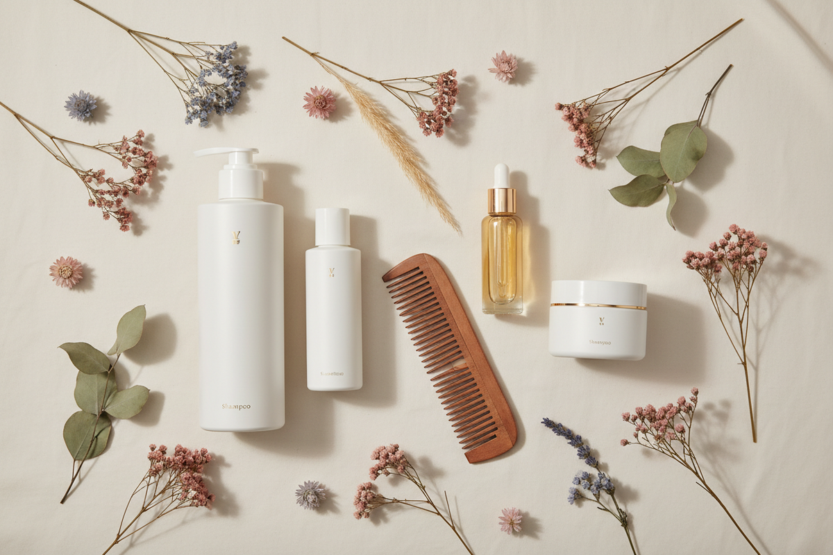 Hair growth and scalp care products including shampoo, serum, cream, and wooden comb with dried flowers on beige background