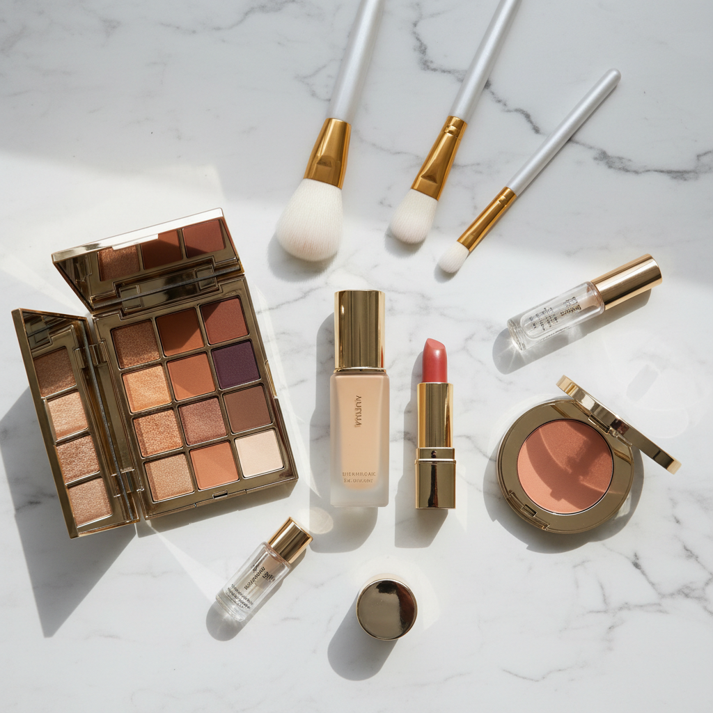 Close-up of makeup products arranged on a surface
