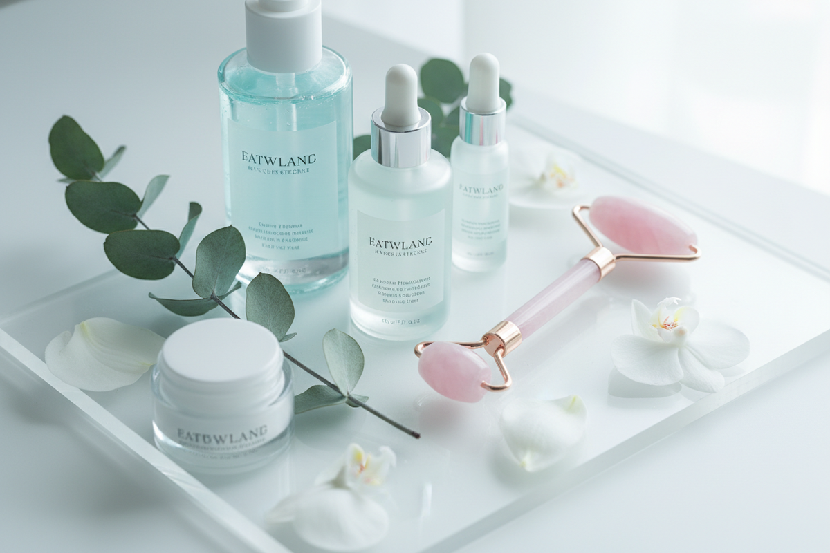 Korean-inspired skincare products including cleansers, serums, moisturizers, face masks, and light therapy devices from top brands