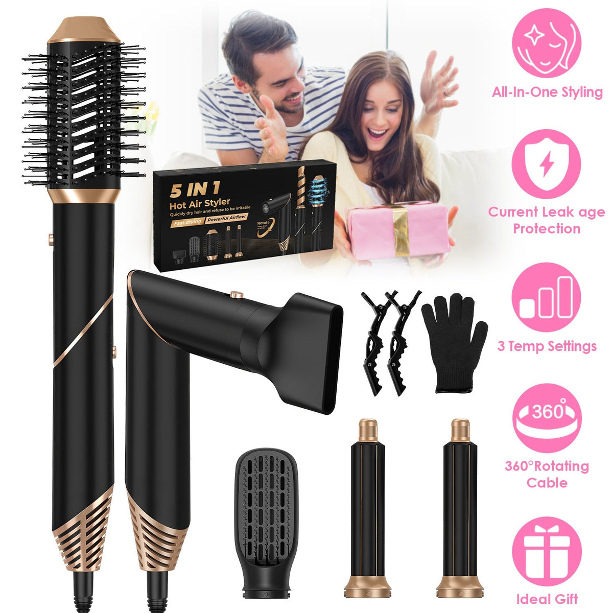 5 In 1 Hot Air Styler Straightener Curler Dryer Automatic Wrap Styler Hair Dryer Brush Set with 3 Temp Settings ALCI Plug Glove Cable Tie 2 Alligator