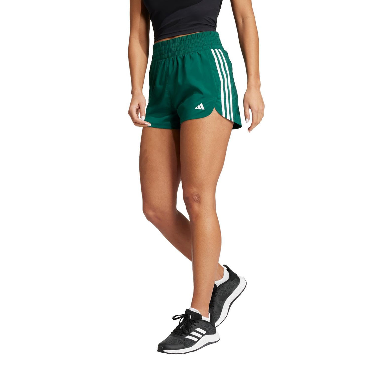 adidas Womens Pacer Training green high-rise 3-stripes woven shorts with AEROREADY moisture control