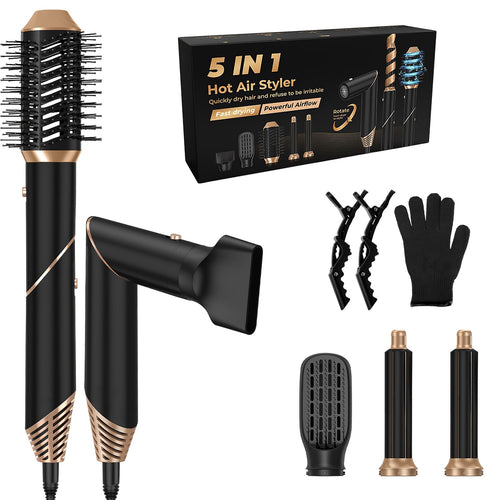 5 In 1 Hot Air Styler with interchangeable heads, glove, and alligator clips for versatile hair styling