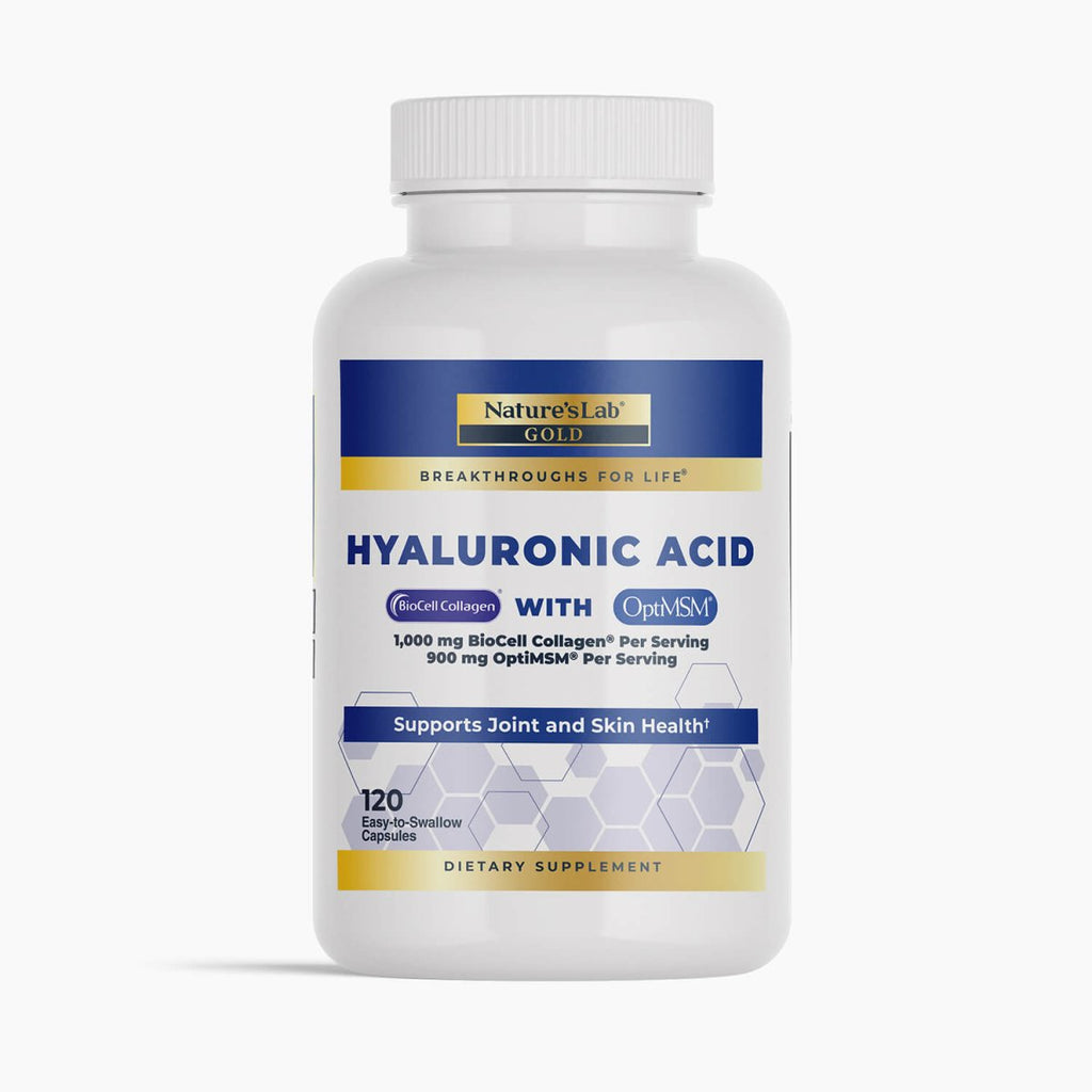Nature's Lab Hyaluronic Acid supplement bottle with BioCell Collagen and OptiMSM capsules for skin and joint health