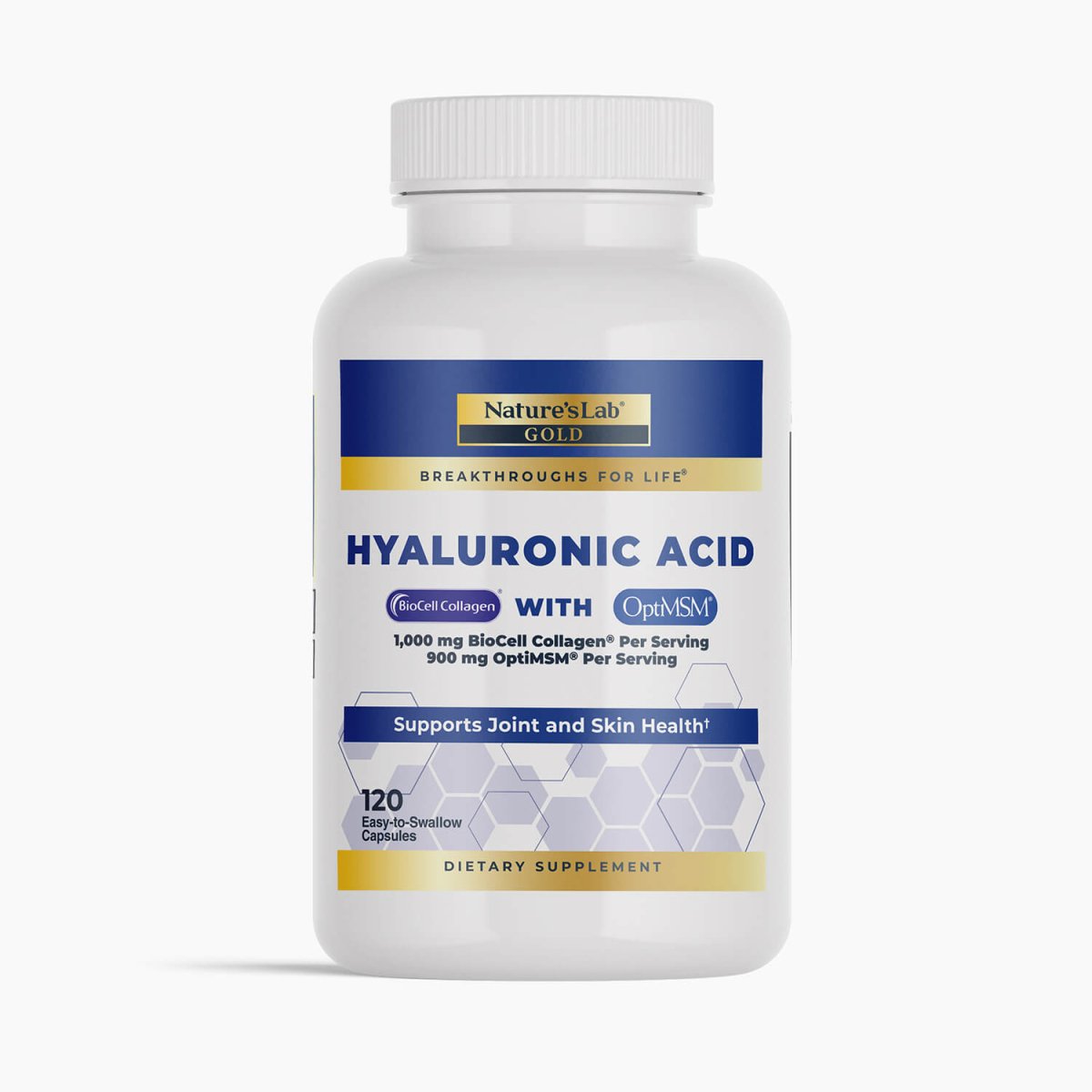 Nature's Lab Hyaluronic Acid supplement bottle with BioCell Collagen and OptiMSM capsules for skin and joint health