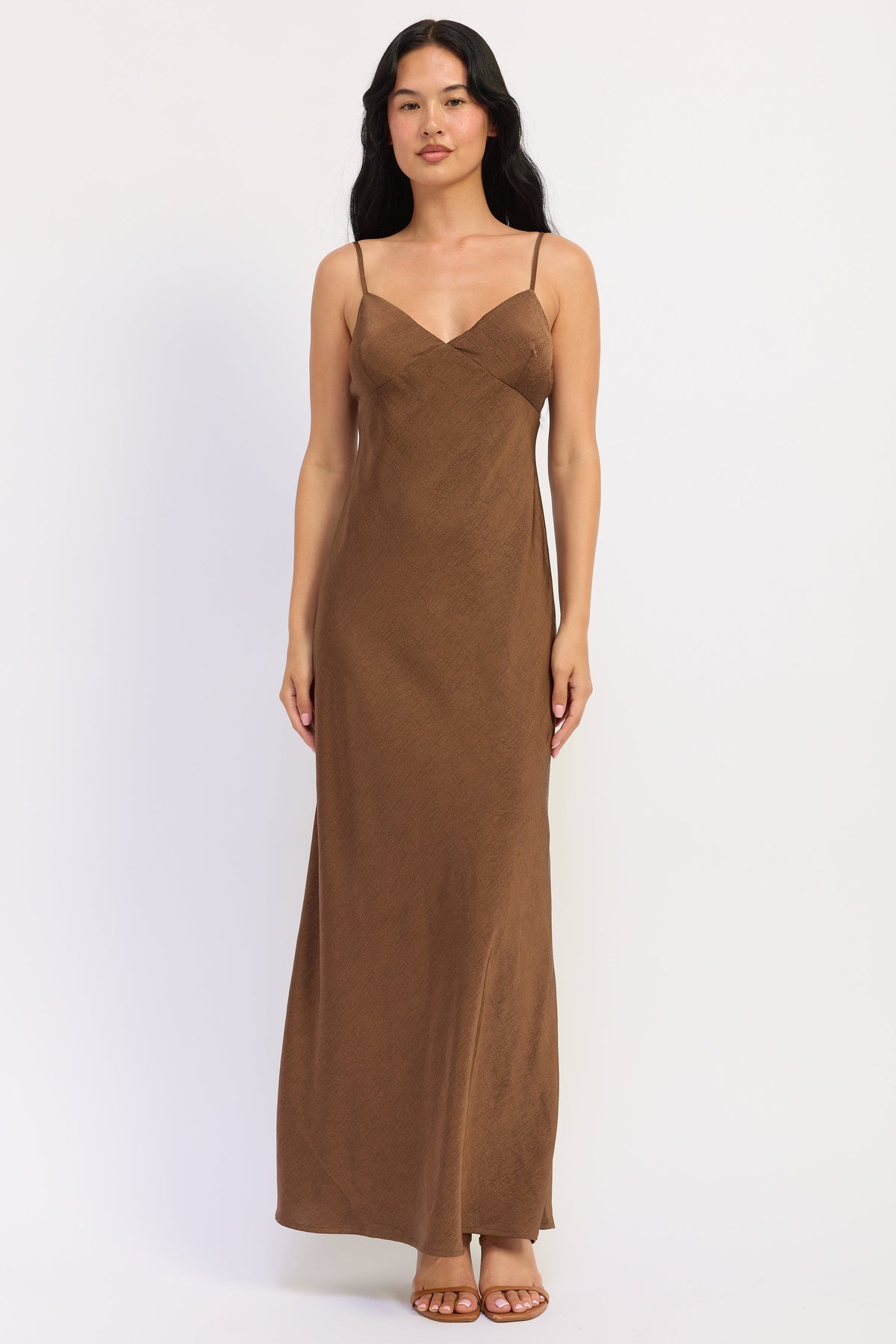 Amara Satin Maxi Dress with spaghetti straps on tall model in size small