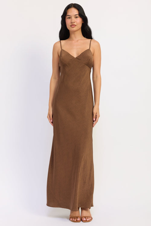 Amara Satin Maxi Dress with spaghetti straps on tall model in size small