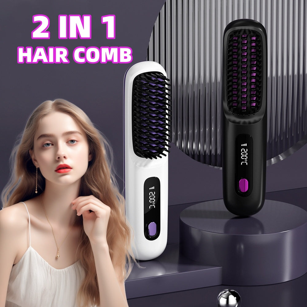 Wireless hair straightener brush with LCD display and USB charging port