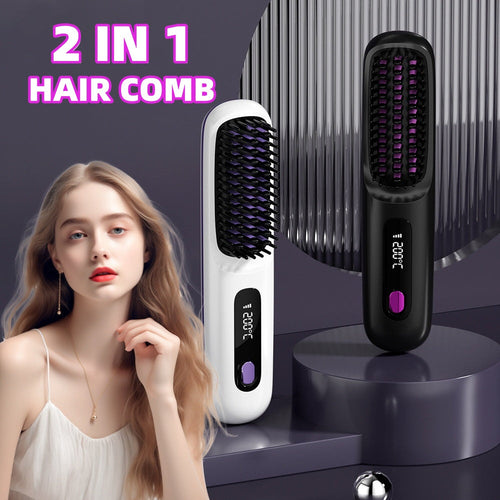 Wireless hair straightener brush with LCD display and USB charging port