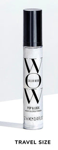 Color Wow Pop & Lock High Gloss Shellac bottle with vibrant shine and polished finish for taming frizz and smoothing hair texture in a compact travel size