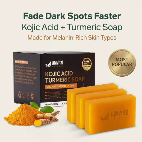 AMVital Turmeric Kojic Acid Soap bar for dark spots and uneven skin tone with turmeric and kojic acid ingredients